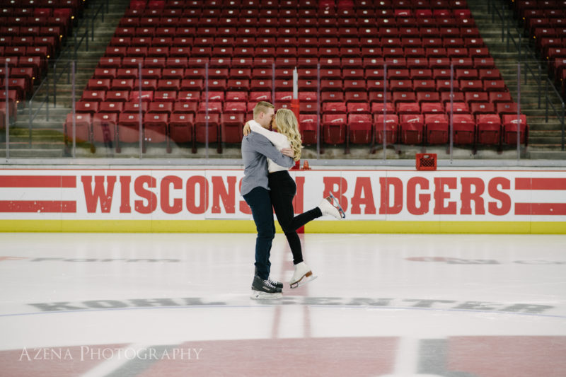 hockey and ice skating engagement session at UW Badgers Ribnk