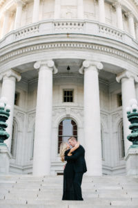 formal engagement session at wisconsin state capitol. All black dress.