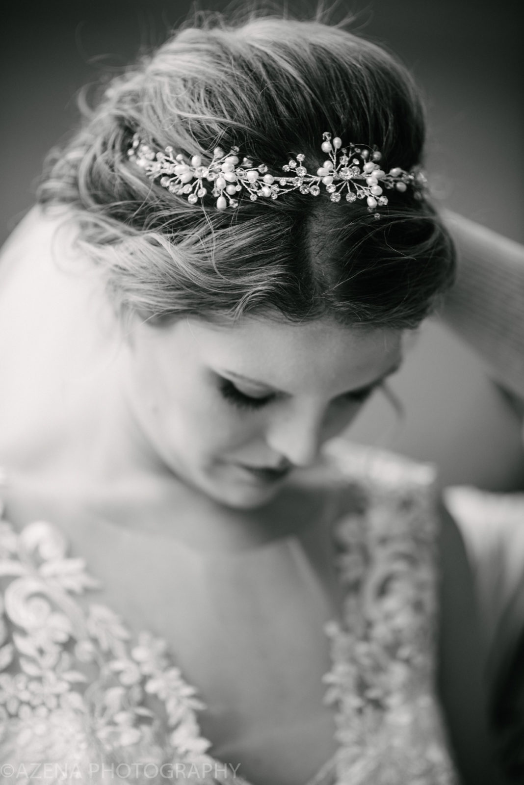 black and white image of bride looking down