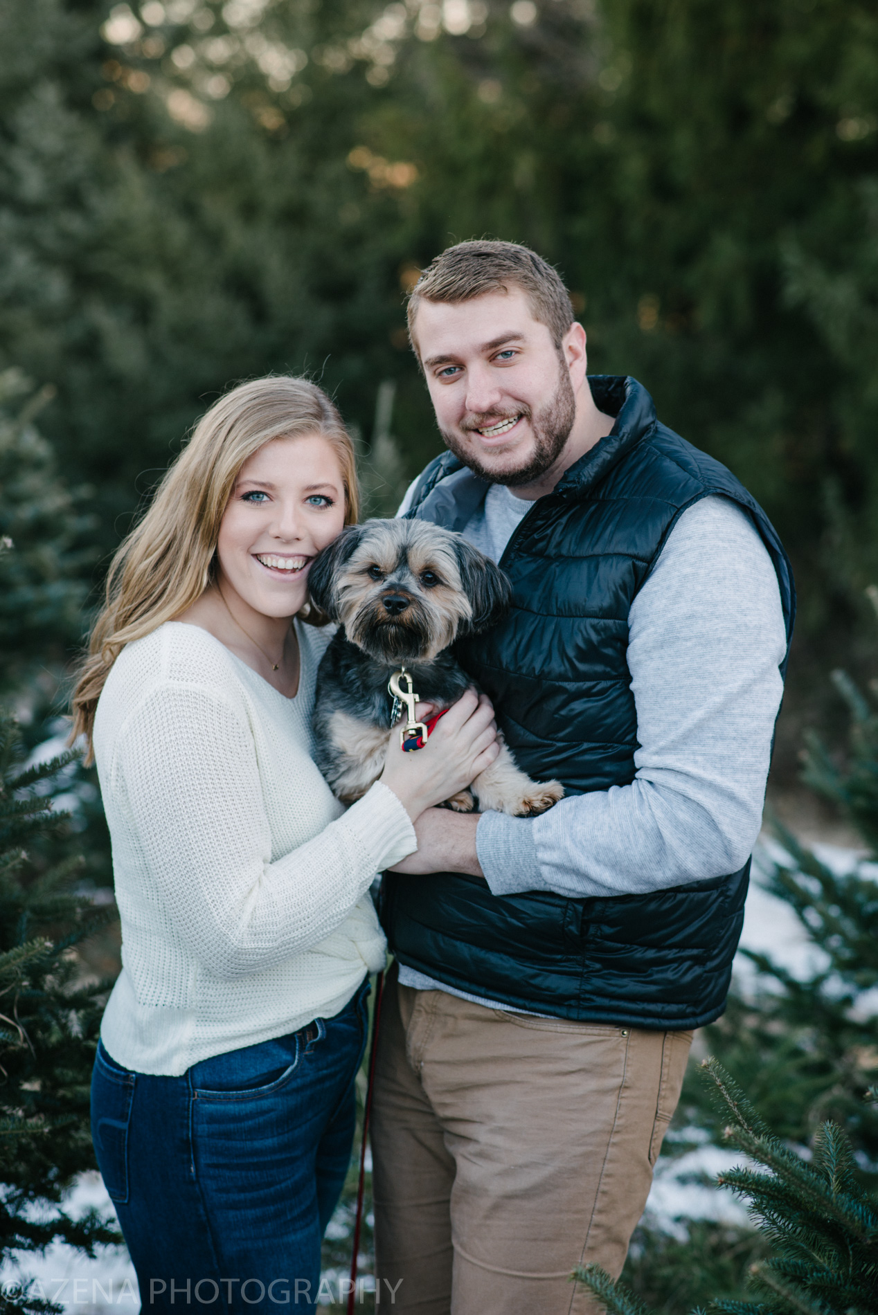 engagement session at christmas tree farm with dog