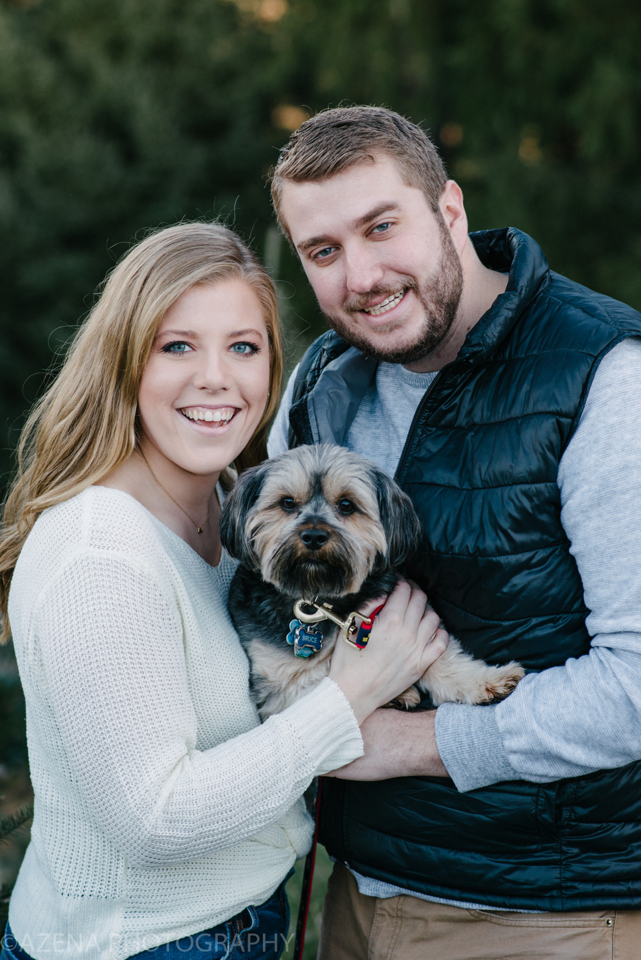 engagement session at christmas tree farm with dog