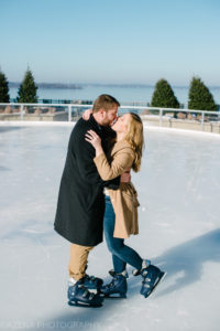 Engagement session on the ice skating rink at the Edgewater in Madison WI at Christmas