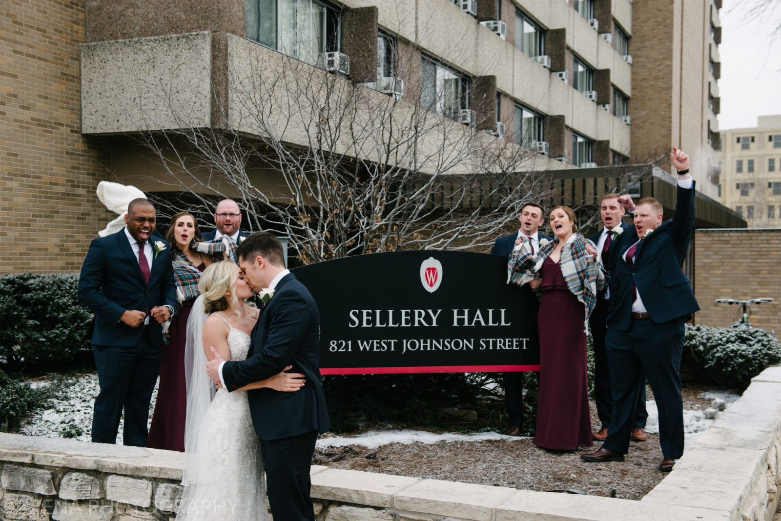 wedding party in front of Sellery Hall at UW Madison