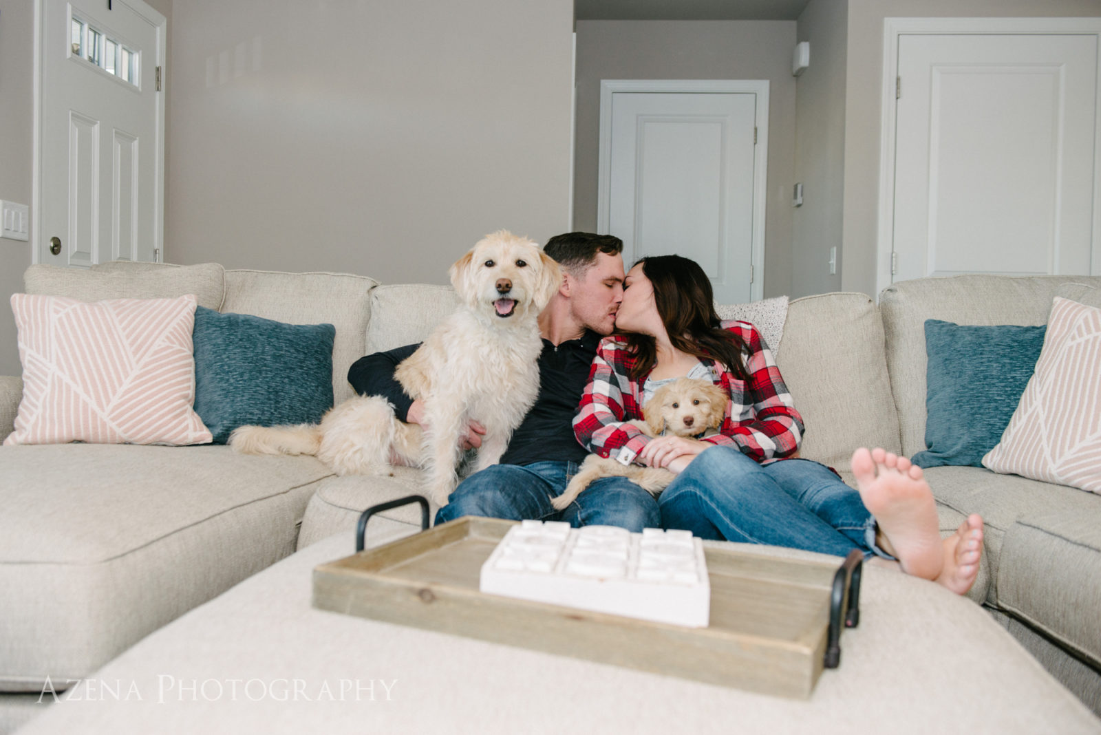 home engagement session with dogs