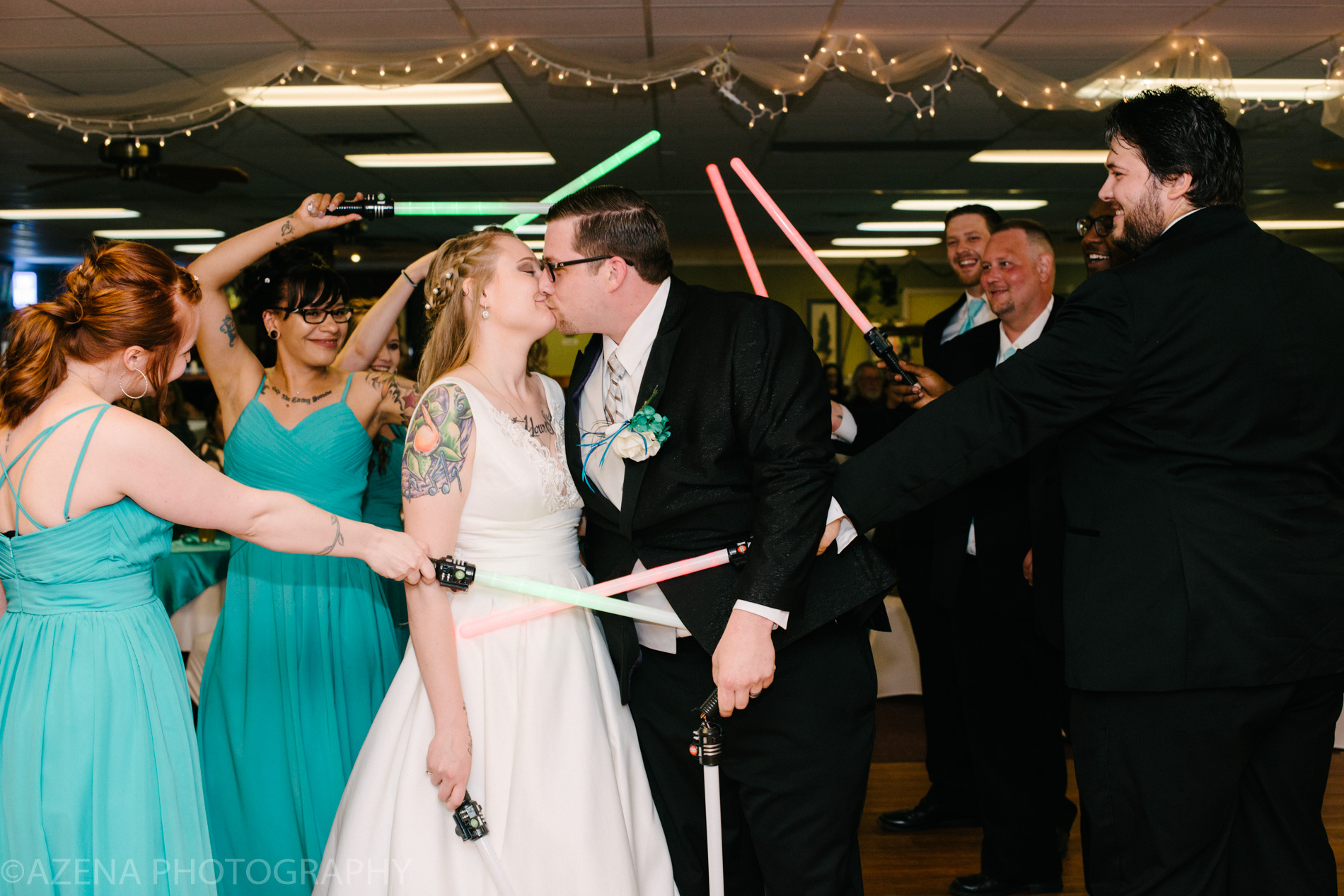Bride and Groom grand march with light sabers
